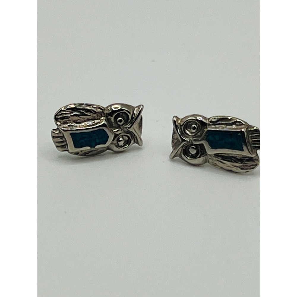 Vintage Owl Stud Earrings | Silver Tone Owl Jewelry | Blue Stone Inlay