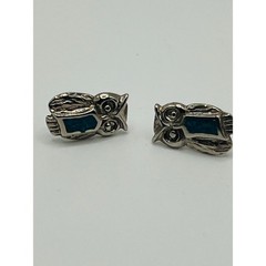 Vintage Owl Stud Earrings | Silver Tone Owl Jewelry | Blue Stone Inlay