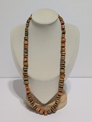 Vintage Multicolor Wood Bead Handmade Necklace. Silver Tone End Caps. 21″ BOHO