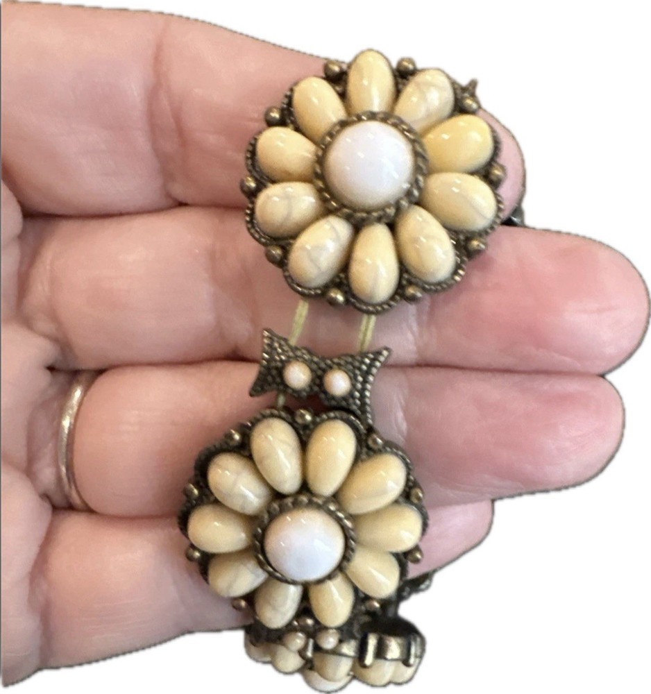 Vintage Floral Cluster Bracelet Faux Ivory Cabochon Brass Tone Boho Statement