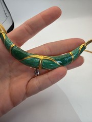 Vintage Lady Remington Green Faux Malachite Enamel Necklace Gold Tone Herringbon