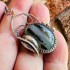 Sterling Silver Old Pawn 925 Necklace Pendant Southwest Moss Agate Oval Leaf 24″