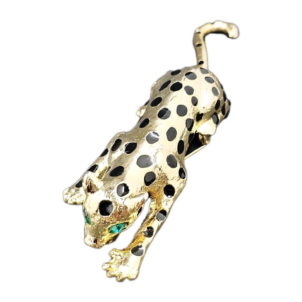 VTG Goldtone Enamel Green Eyed Articulated Tail Crouching Leopard Brooch, 5″