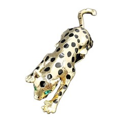 VTG Goldtone Enamel Green Eyed Articulated Tail Crouching Leopard Brooch, 5″