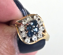 Vintage Sapphire & Clear Glass Cocktail Gold Tone Ring Size 7 Signed G