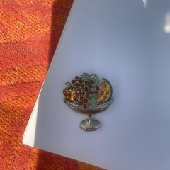 Vintage Fruit Bowl Brooch Apple Watermelon Grapes Gold Tone