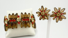 Juliana D&E Book Piece Brown Coffin Rhinestone Gold Bracelet & Clip-On Earrings