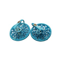 Turquoise Blue Filigree Clip on Earrings enamel Round Couture Vintage .75 in