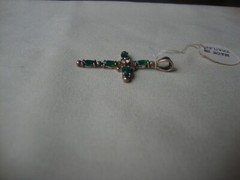 VINTAGE 1970-80s GREEN CZ W/ CLEAR CZ CENTER CROSS STERLING SILVER 925 PENDANT