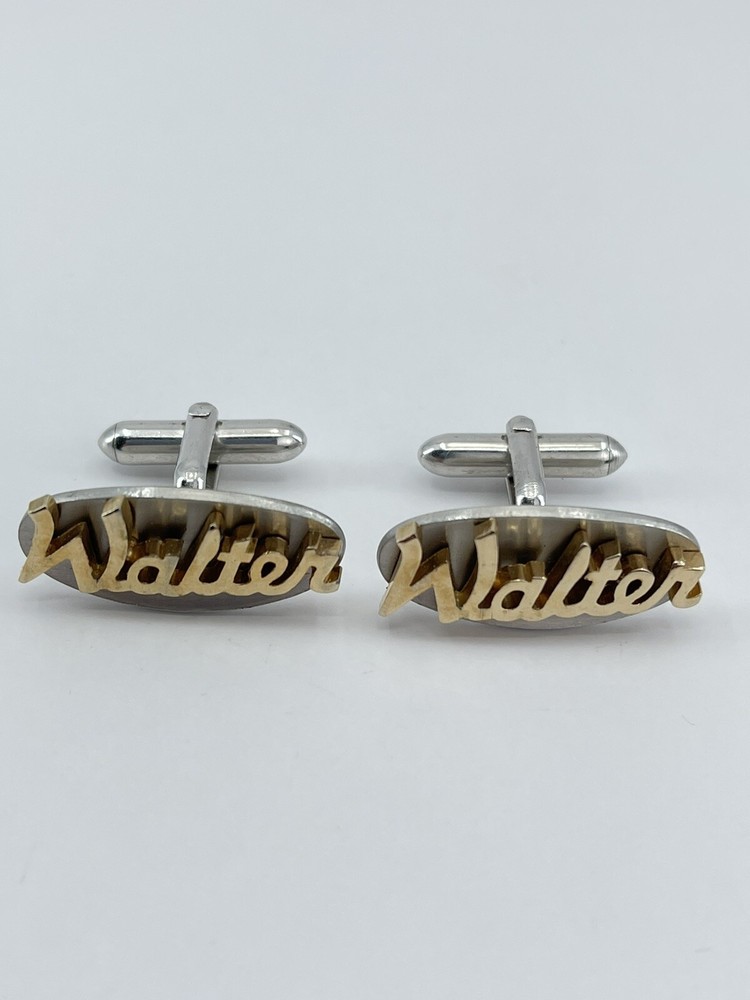 Vintage Swank mens cufflinks name Walter gold and silver tone concave 3/4″