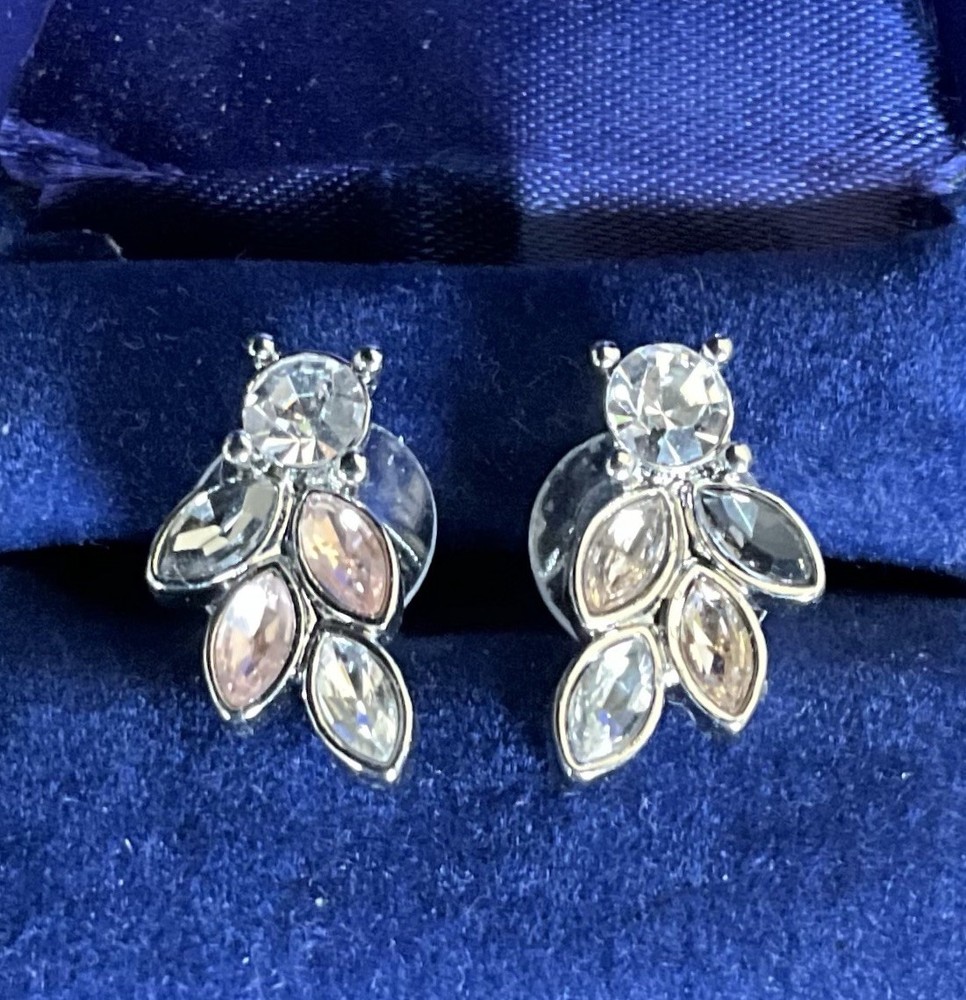 Vintage Marquise Crystal Petal Pierced Earrings Pink/Clear
