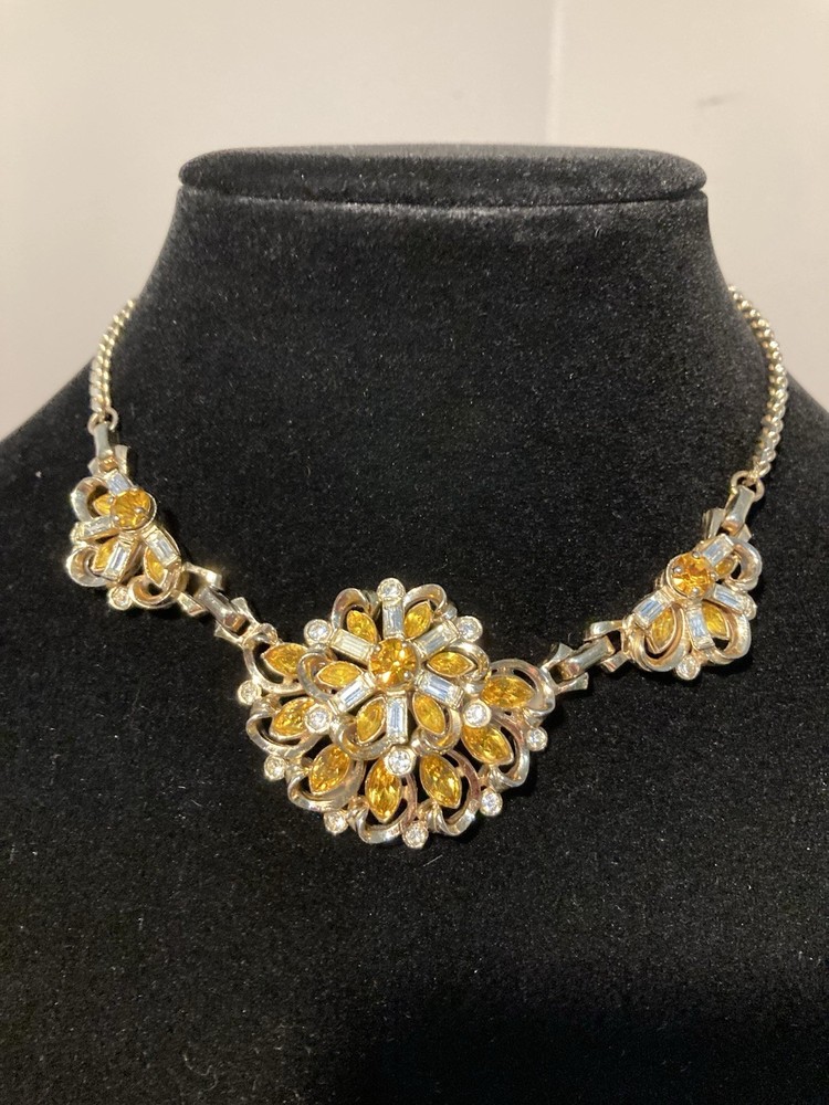 Vtg 70’s Marked Barclay’s Orange & Clear Rhinestone Statement 14 In Necklace