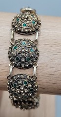 Antique Dutch 833 Silver Filigree Bracelet Green Glass Art Deco S-Hertogenbosch