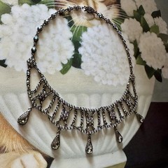 Vintage TARA Aurora Borealis Crystal Festoon Necklace Smoky Drops Gunmetal Chain