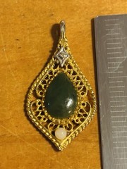 Vintage 1974 Gold Filled Jade Diamond And Pearl Filigree Pendant