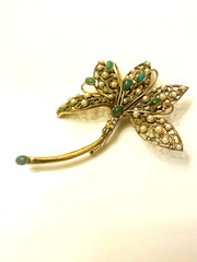 Alcozer and J .Flower Brooch with Faux Jade and Pearls Vintage Italy