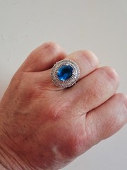 Vintage Art Deco London Blue Topaz CZ Halo Cocktail Ring Size 7 Sterling Silver