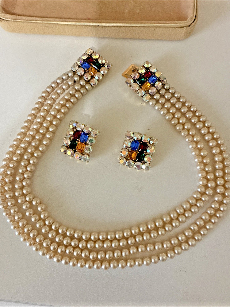 VTG De Liguoro Italy Faux Pearl Multi Strand Rhinestone Clasp Necklace, Earrings
