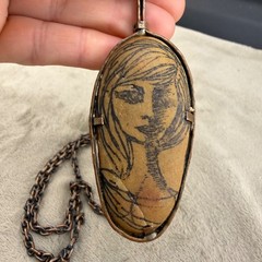 Vintage Necklace Hand Painted Portrait Double Sided Egyptian Revival Copper 28”