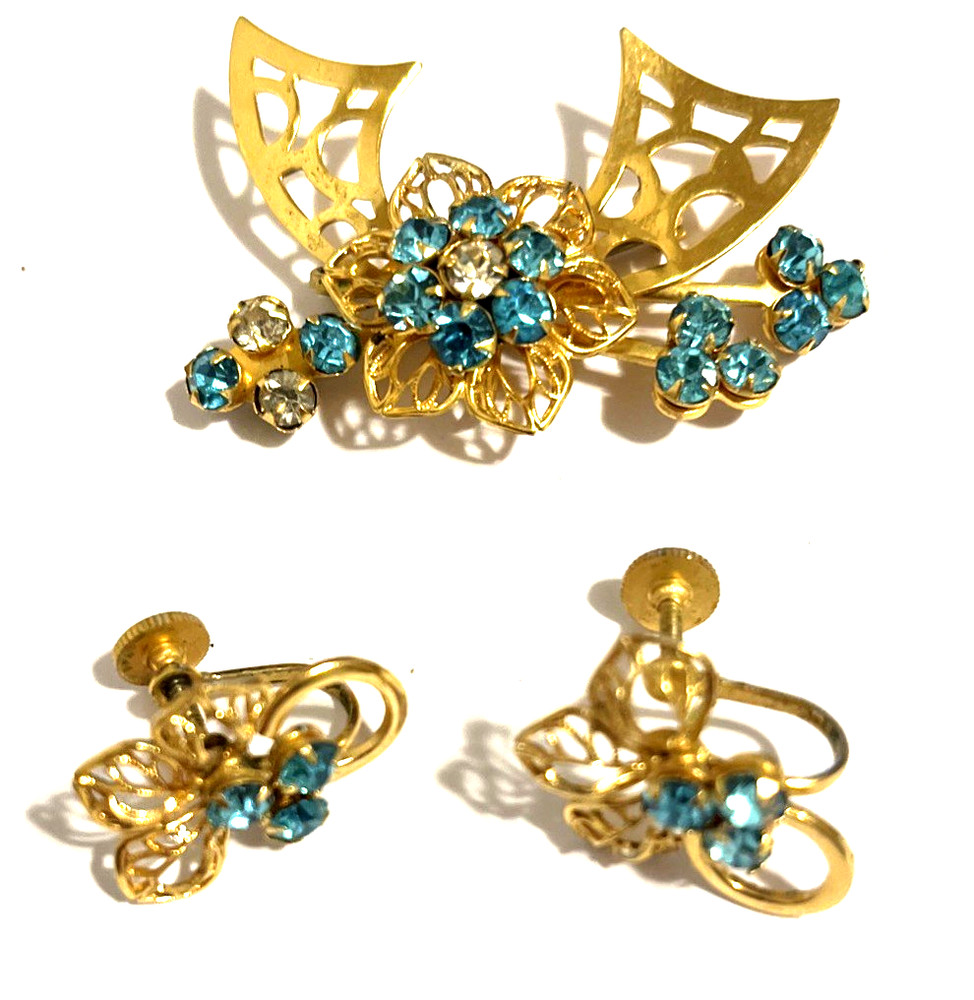 Vintage Brooch & Earrings Set Gold & Blue