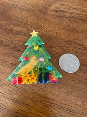 Vintage Christmas Tree Brooch Pin Cat Pawing Ornament Resin Rhinestones