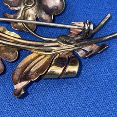 Vintage Gold & Rose Tone Flower Green Rhinestones Brooch & Earrings Set 1/20 12k