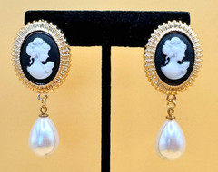 Gold Tone & Faux Pearls Pierced Dangle Cameo Earrings Contemporary