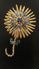 Signed Weiss Rhinestone Flower Brooch Blue Green Crystal Gold Tone Vintage