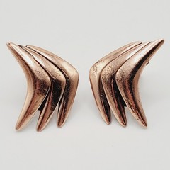 Rame Modernist Artisan Copper Fishbone Clip On Earrings Worn Distressed