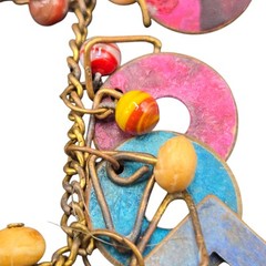 Vtg Copper Collage Art Necklace Metal Geometric Shapes Lampwork Beads & Bones