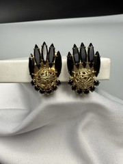Juliana D&E Clip On Earrings Black Gold Filigree Navette VTG Book Piece Ref 5747