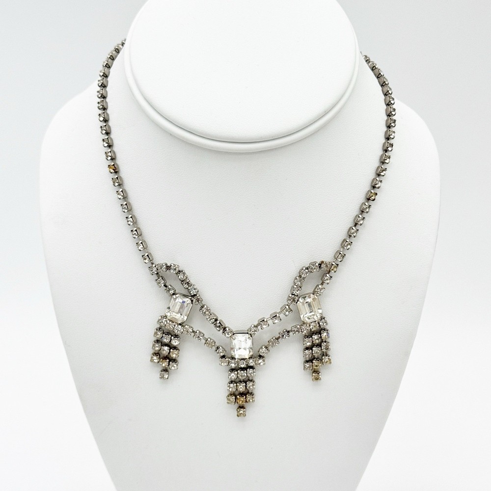 Vtg Statement Art Deco Clear Rhinestone Choker Necklace 14.5″ Silver Tone Bridal