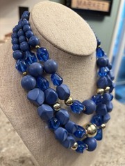 Vintage 50’s-60’s 3 Strand Plastic Blue Beaded Choker Necklace 16 1/2 Inch