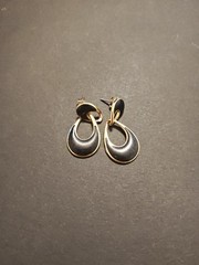 Beautiful Pierced Post Earrings Gold Tone Black Enamel Dble Loop 1 1/8 Inch Long