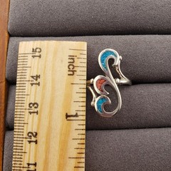 Silvertone Southwest Ring 7.5 Filigree Swirl Turquoise Coral Inlay Artist Signed