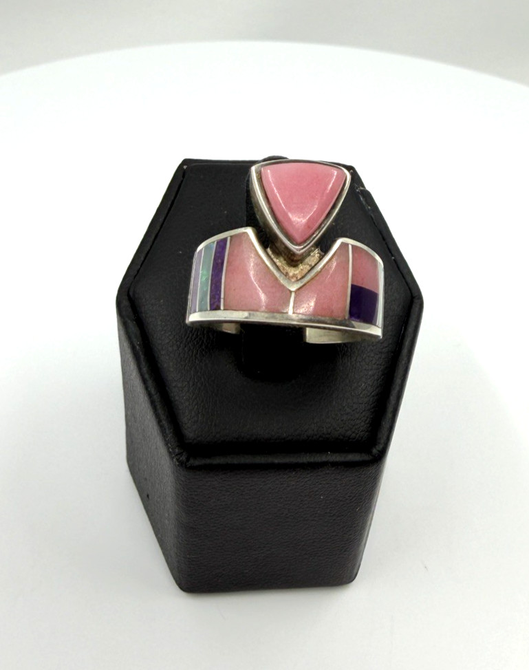 925 Vintage Thulite Opal Charoite Multi-Stone Abstract Ring Size 7.25 9.6 grams