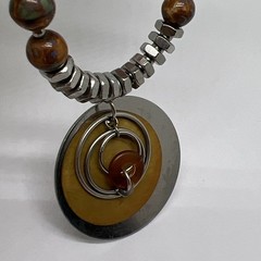 Vintage Modernist Geometric Disk Pendant Necklace Industrial Metal Resin Bead