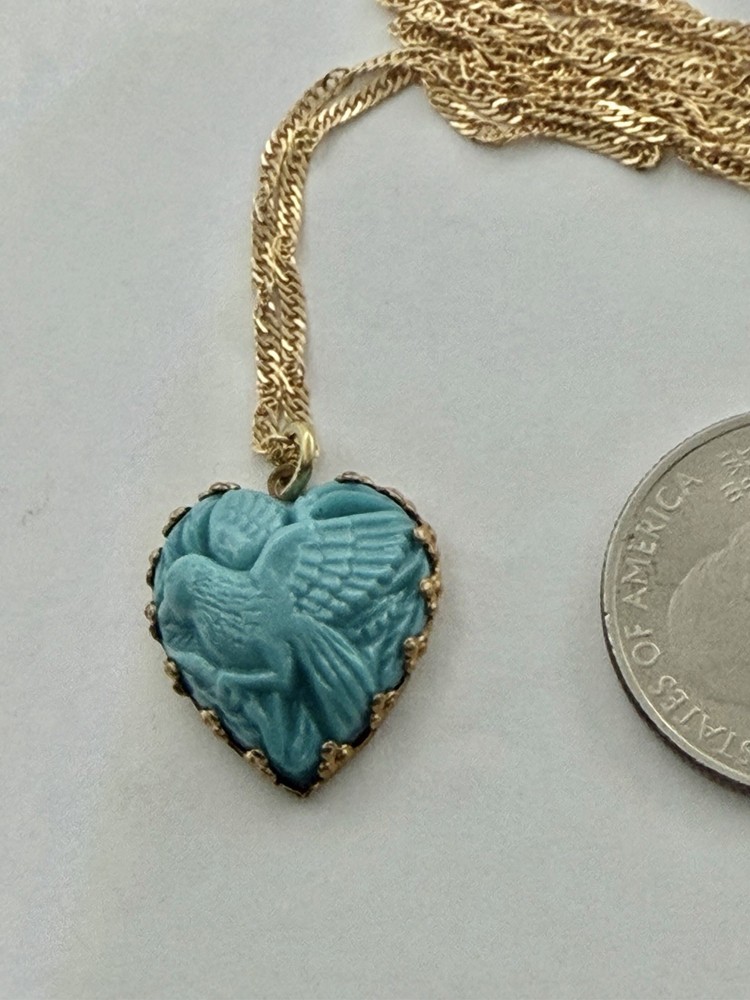 Vintage W. Germany Molded Robins Egg Blue Bird Goldtone Brass Pendant Necklace