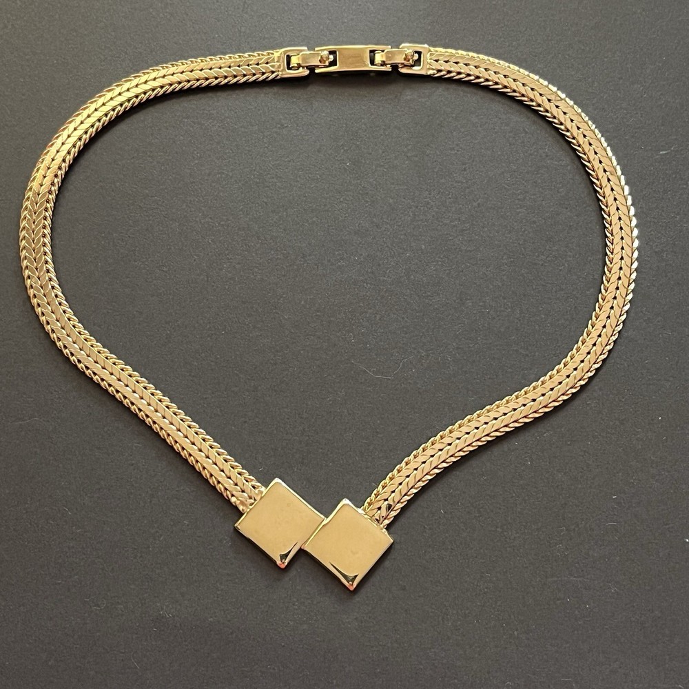 VTG Monte Square Geometric Gold Tone Chain Necklace With Clasp Extender