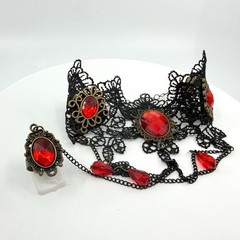 Gothic Red Crystal Lace Slave Bracelet Ring Set Victorian Dark Romantic Jewelry