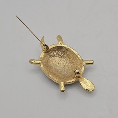 Vintage Turtle Brooch Pin Blue Green Enamel Gold Tone Clear Rhinestones