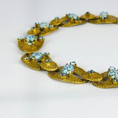 Vintage Czech Brass Blue Confetti Soapstone Cabochon Art Deco Revival Necklace