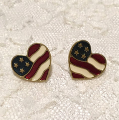 Vintage American Flag Heart Earrings by Avon Enameled on Gold tone Pierced