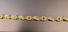 Vintage Estate Goldtone Red/White Rhinestone Flower Design Chain Bracelet