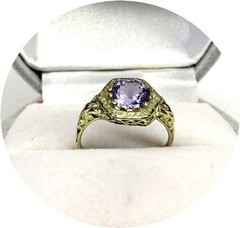 18k Ring – Bright Blue TANZANITE – Art Deco Yellow Gold Filigree Mtg…