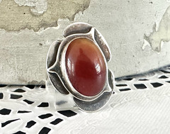 Bold Long Vintage Mid Century Modernist Sterling Silver 925 Carnelian Ring