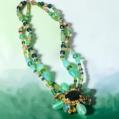 Vintage OOAK Green Cat’s Eye Glass Beaded Necklace Rhinestone Brooch Statement
