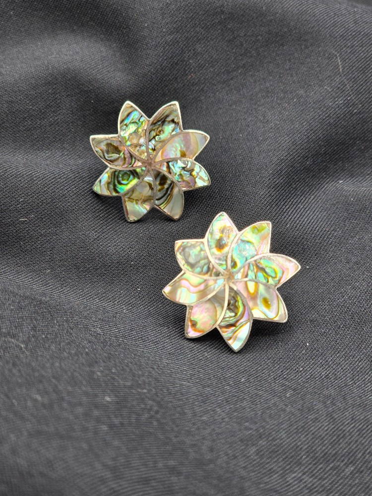 Vintage Signed 925 Mexican Taxco Abalone Shell Inlay Earrings Sterling Silver