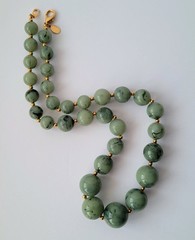Vtg Joan Rivers Faux Jade Marble Green Lucite Round Bead Gold Tone Necklace 20″