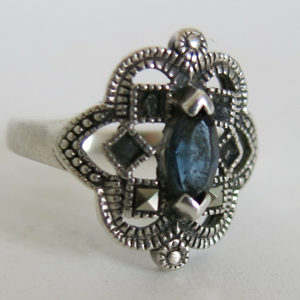 Sterling Silver Ring Blue CZ & Marcasite 2.7g Size 7 [6075]